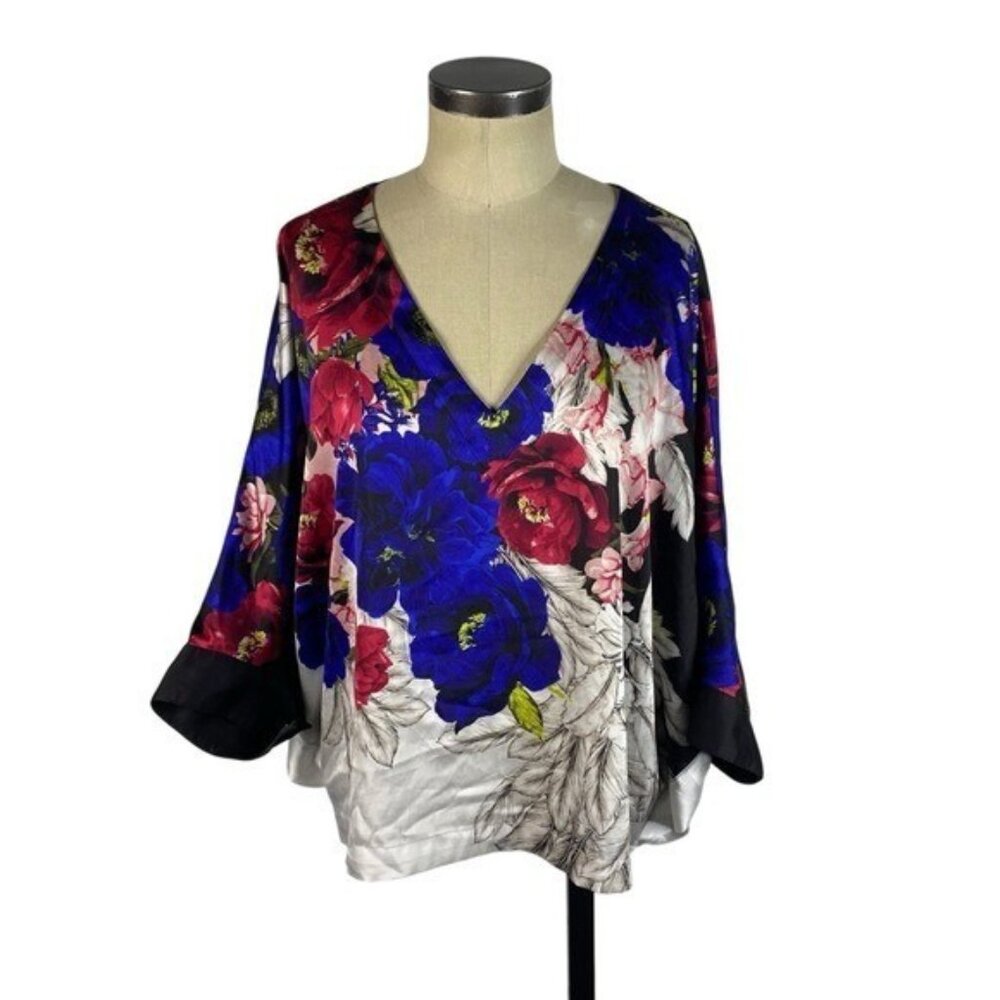 White House Black Market Kimono Sleeve Satin Blouse Large Black Blue White Pink - Picture 4 of 12
